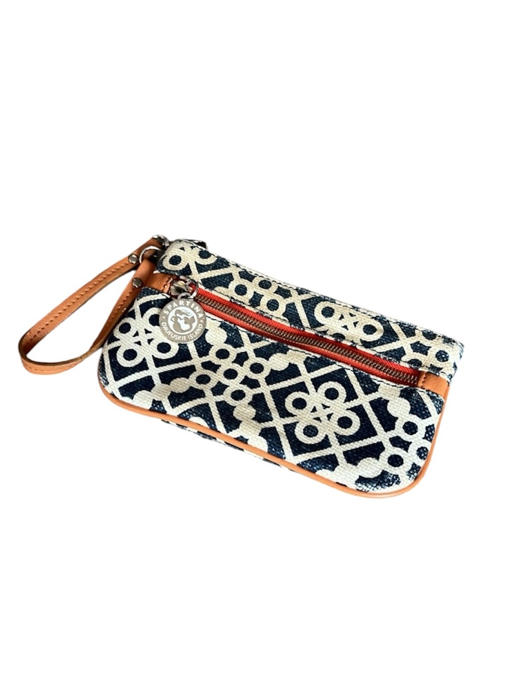 Spartina 449 Linen and Leather Blue and cream wristlet